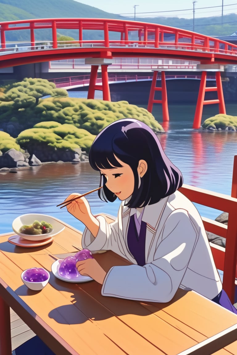 Young woman of 20 with black hair, white jacket, brown skirt, chewing with wooden toothpick, delicious-looking brownish-purple water jelly on desk, at teahouse in front of Ojima red bridge in Fukui, Japan, dinosaurs on sea surface, in the style of Makoto Shinkai. Diagonal view from above