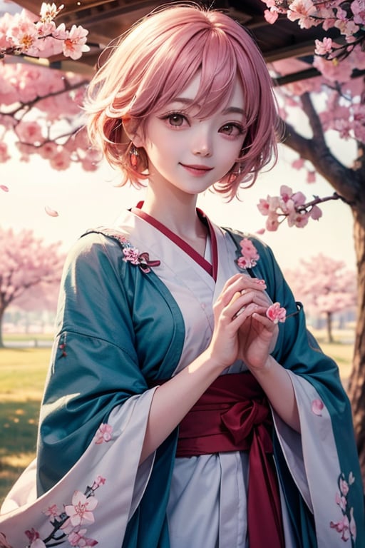 Yuyuko Saigyouji , smile, tree, cherry blossoms, morning vibe, 8K, (warm lighting), high quality , beautiful hands