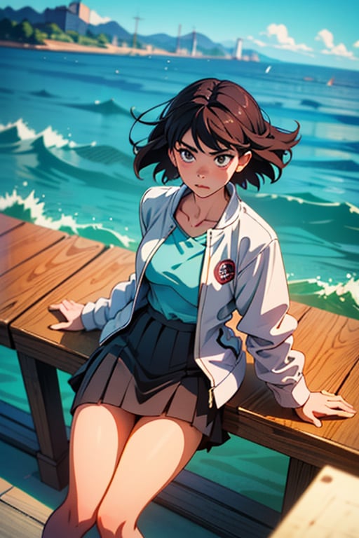 Young woman of 20 with black hair, white jacket, brown skirt, chewing with wooden toothpick, delicious-looking brownish-purple water jelly on desk, at teahouse in front of Ojima red bridge in Fukui, Japan, dinosaurs on sea surface, in the style of Makoto Shinkai. Diagonal view from above