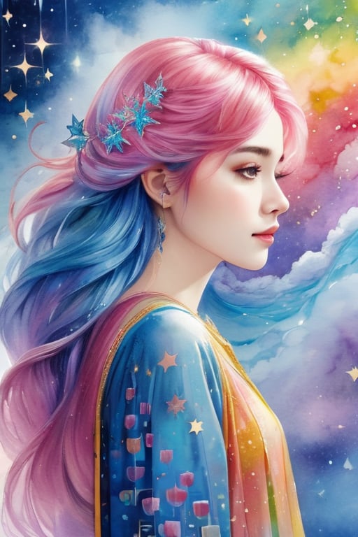 (masterpiece, top quality, best quality,watercolor (medium),official art, beautiful and aesthetic:1.2),(1girl:1.3), (fractal art:1.3),upper body, from side, looking at viewer,patterns,(rainbow color Hair,colorful hair,half blue and half pink hair:1.2),water,liquid, cloud,colorful, starry,stars,