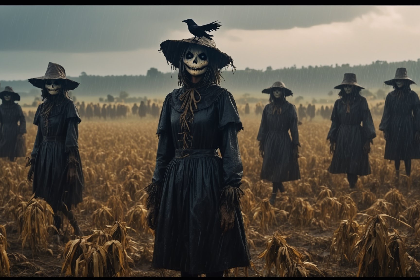 4k, UHD, HDR, (Masterpiece:1.5), (best quality:1.5), ultra detailed, cinematic photo, natural light, detailed reflection light, dark fantasy art, ((horror and dramatic)), bronze age, many scarecrows girls, many crows on sky, heavy rain, many scarecrows girls on ruin farm field as background