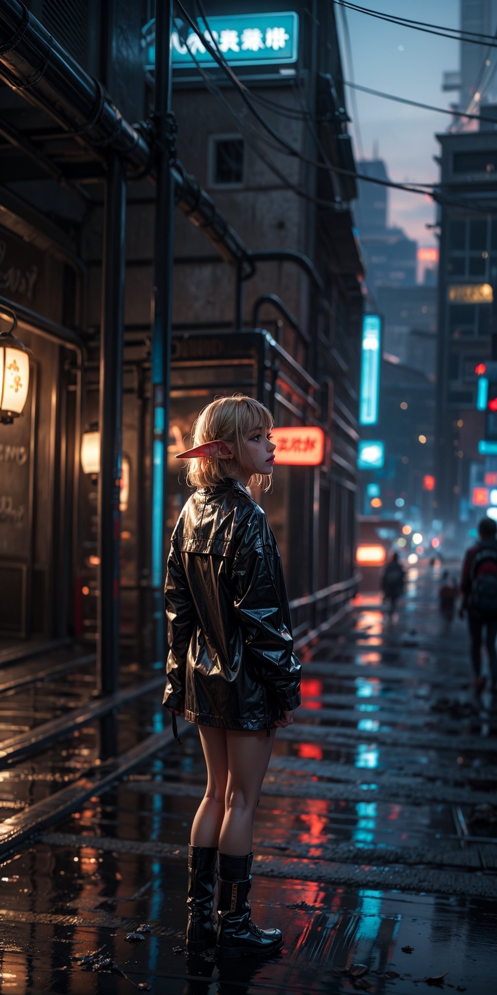 best quality,  extremely detailed,  HD,  8k,  extremely intricate:1.3),  cinematic lighting,  cyberpunk world:1.8, ((The city is dilapidated and dirty)), ((rainy night)), dirty road, a little elf standing on the Sidewalk, fairy tone, ((elf_ears)), sad_face, emotional eye, blue eyes, ((looking up at the sky)), wet and short blonde hair, black raincoat, She feels lonely and cold, ((dirty on clothes)), ((dirty)), sad and gloomy atmosphere, sidebody view ,jellyfishforest,perfecteyes, ((Extremely detailed background)),cyber_asia , close view