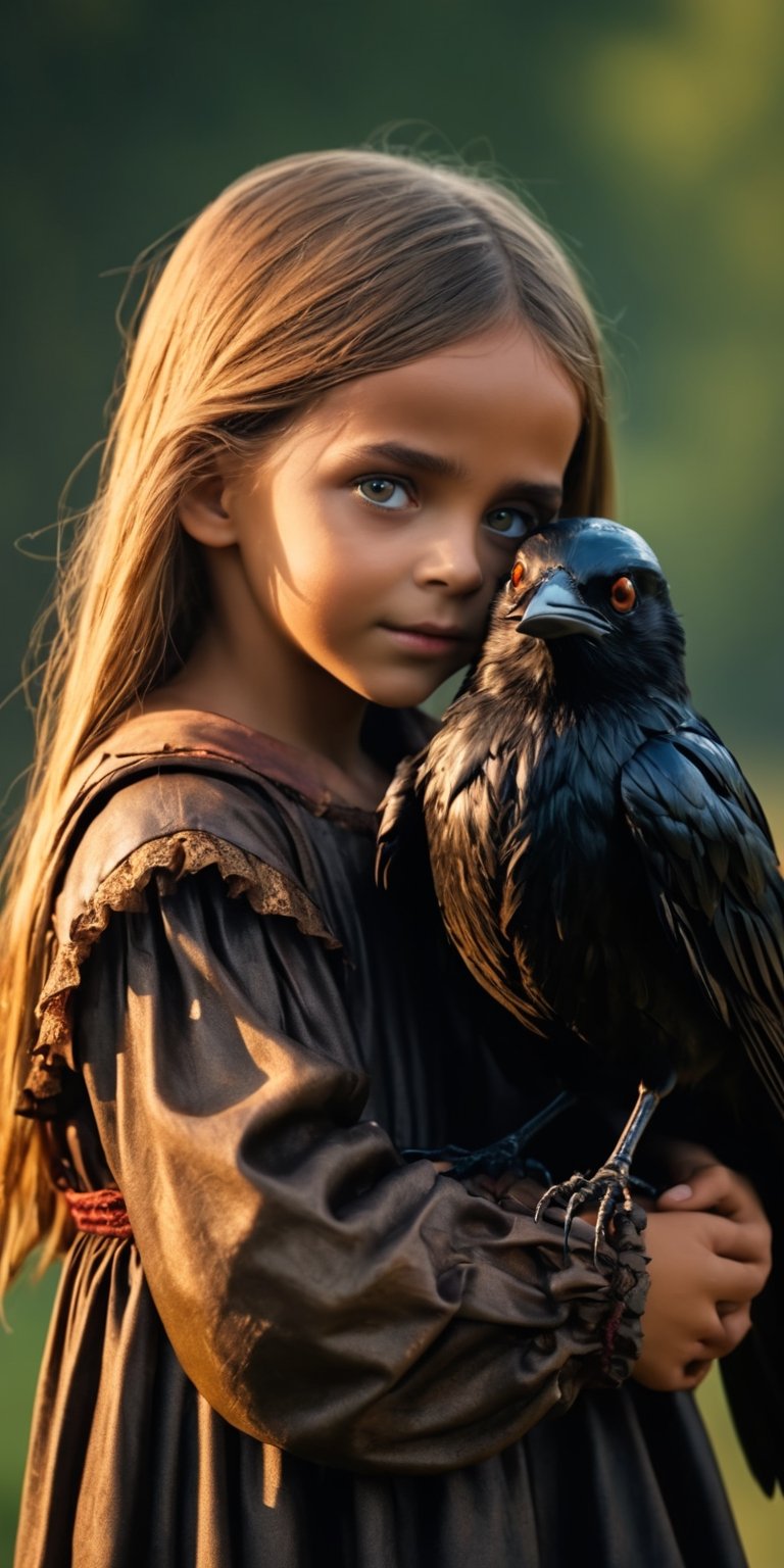 4k, UHD, HDR, (Masterpiece:1.5), (best quality:1.5), ultra detailed, cinematic photo, natural light, detailed reflection light, dark fantasy art, ((horror and dramatic)), bronze age, scarecrows girl hugging a little girl, crow, fam