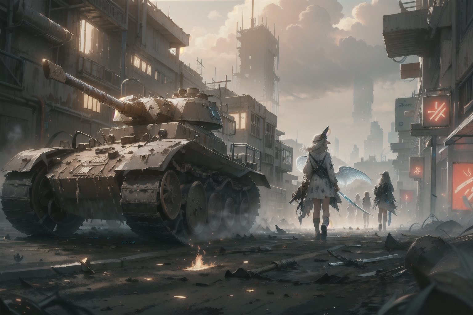 best quality,  extremely detailed,  HD,  8k,  (extremely intricate:1.3),  cinematic lighting,  apocalypse war,  dystopian fantasy world,  The city is dilapidated and dirty,  rainy noon,  imangine the war between human and fairies,  fire smoke everywhere,  The fairies are wailking next to the burned ((tank)),  light grey hair,  dirty fairy ((amor)) dress,  ((dirty)),  ((elf ears)),  ((white glowing wings)),  ((glowing swords)),  medium shot,  mecha, (dirt-stained_clothes:1.5), full body,  GlowingRunes_,  scene the crowd of the Fairies attacking humans as background, ((extremely detailed background)), ((fairies)), jellyfishforest, GlowingRunes_, cyber_asia ,GlowingRunes_,jellyfishforest,cyber_asia 