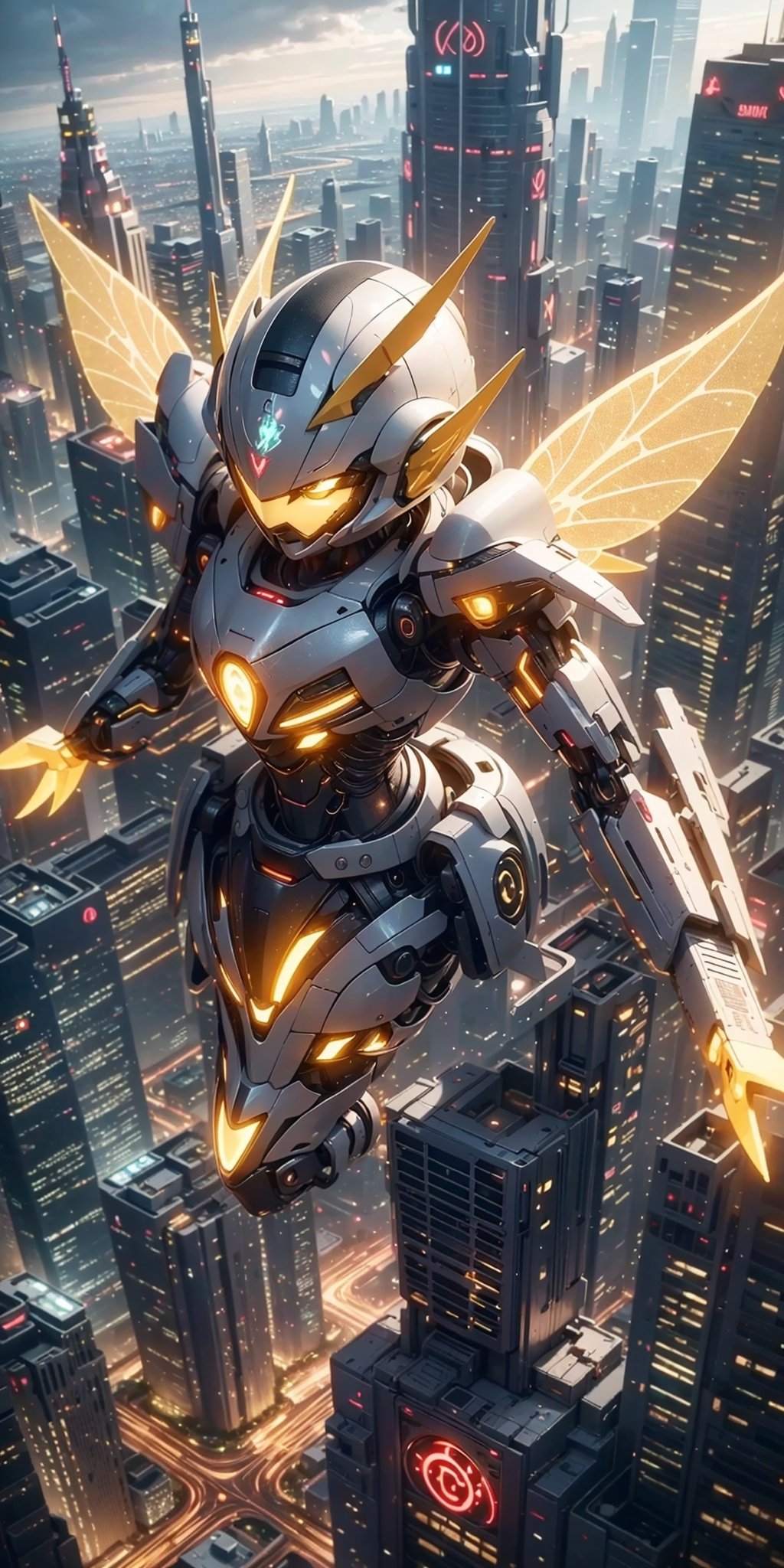 best quality,  extremely detailed,  HD,  8k, imagine a futuristic city, where magic and high-tech science coexist, an ((fairy)) girl with small wings is flying, (( yellow glowing wings)), ((elf ears)), futuristic city in the background, sunset light in the distance,  GlowingRunes_, bird 's-eye view, mecha, front body view, high angle view