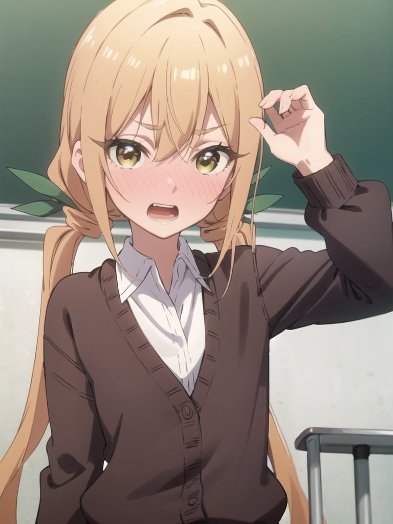 karaneinda, blonde hair, (yellow eyes:1.5), hair ribbon, twintails, low twintails, long hair, (green ribbon:1.2), open mouth, embarrassed, BREAK skirt, shirt, school uniform, white shirt, pleated skirt, cardigan, white shirt, collar, black skirt, brown cardigan, long sleeves, BREAK looking at viewer, BREAK indoors, classroom, (upper body:1.5), (masterpiece:1.2), best quality, high resolution, unity 8k wallpaper, (illustration:0.8), (beautiful detailed eyes:1.6), extremely detailed face, perfect lighting, extremely detailed CG, (perfect hands, perfect anatomy),pikkykarane