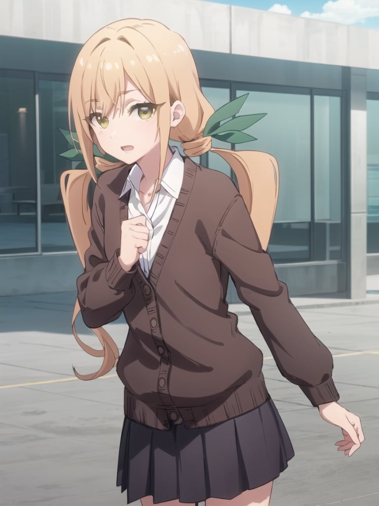 karaneinda, blonde hair, (yellow eyes:1.5), hair ribbon, twintails, low twintails, long hair, (green ribbon:1.2), open mouth, BREAK skirt, shirt, school uniform, white shirt, pleated skirt, white shirt, collar, black skirt, brown cardigan, long sleeves, looking at viewer, (cowboy shot:1.5), sky, outdoors, day, building, best quality, high resolution, unity 8k wallpaper, (beautiful detailed eyes:1.6), extremely detailed face, perfect lighting, extremely detailed CG, (perfect hands, perfect anatomy)