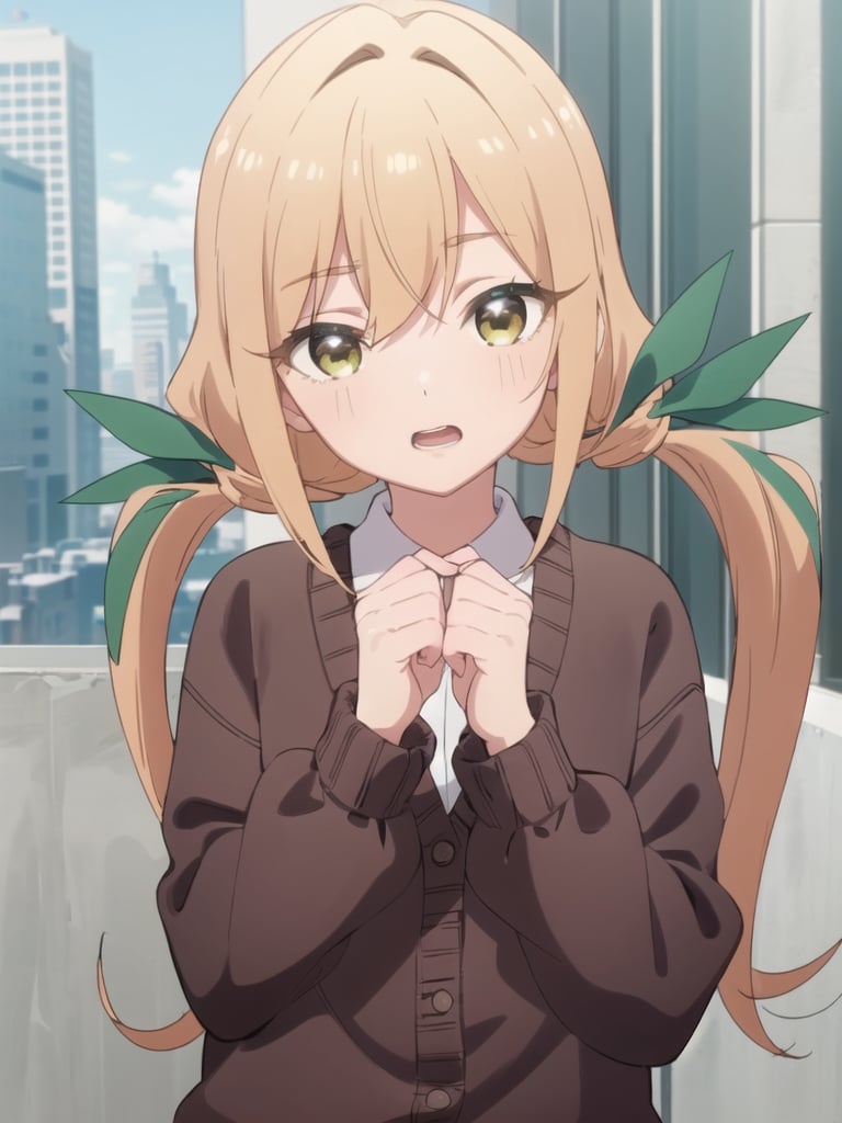 karaneinda, blonde hair, (yellow eyes:1.5), hair ribbon, twintails, low twintails, long hair, (green ribbon:1.2), open mouth, skirt, school uniform, white shirt, pleated skirt, collar, black skirt, brown cardigan, long sleeves, looking at viewer, (upper body:1.5), sky, outdoors, day, building, best quality, high resolution, unity 8k wallpaper, (beautiful detailed eyes:1.6), extremely detailed face, perfect lighting, extremely detailed CG, (perfect hands, perfect anatomy)