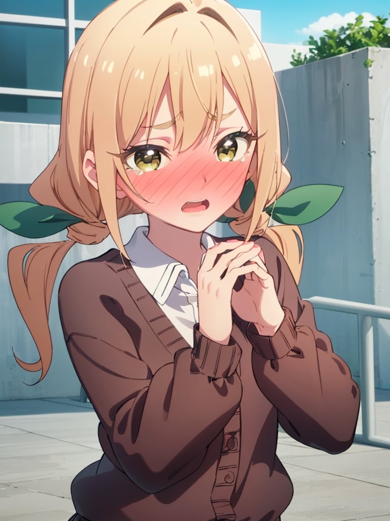 karaneinda, blonde hair, (yellow eyes:1.5), hair ribbon, twintails, low twintails, long hair, (green ribbon:1.2), open mouth, skirt, school uniform, white shirt, pleated skirt, collar, black skirt, brown cardigan, long sleeves, looking at viewer, (watery eyes:1.2), (full-face blush:1.5), (upper body:1.5), sky, outdoors, day, building, best quality, high resolution, unity 8k wallpaper, (beautiful detailed eyes:1.6), extremely detailed face, perfect lighting, extremely detailed CG, (perfect hands, perfect anatomy),pikkykarane