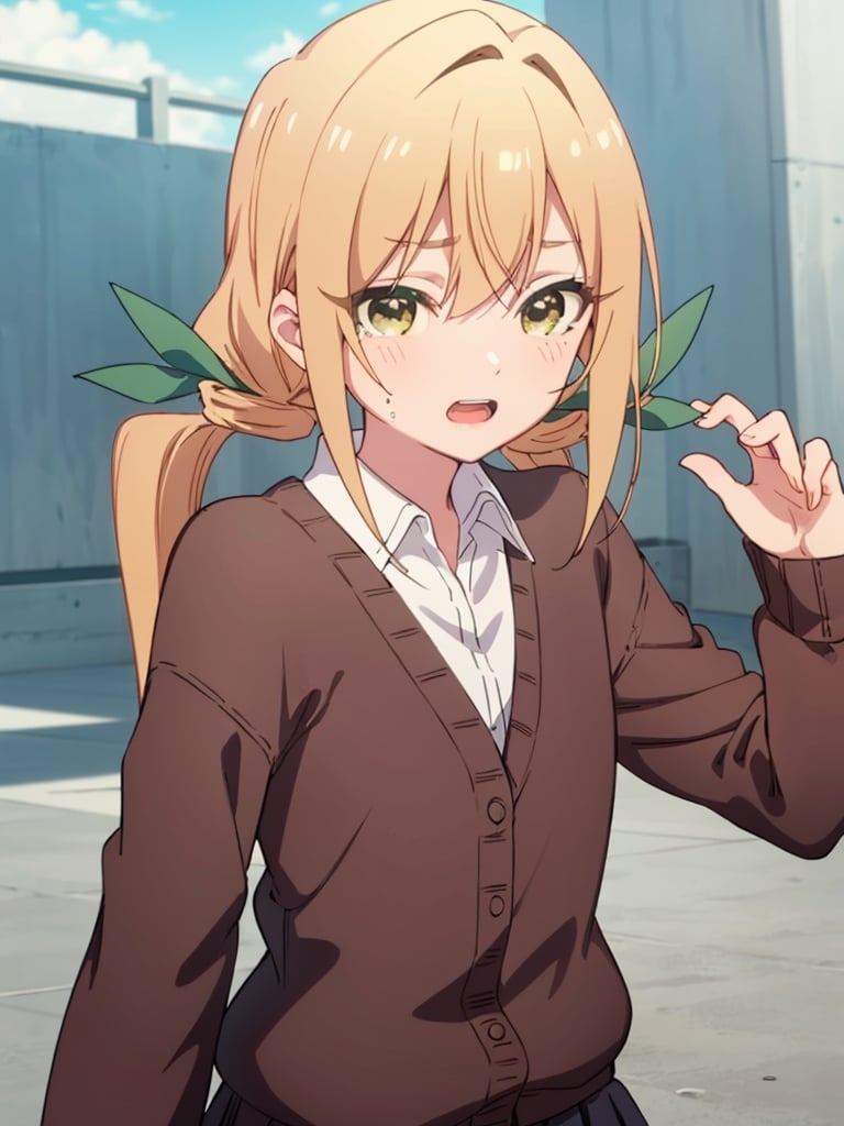 karaneinda, blonde hair, (yellow eyes:1.5), hair ribbon, twintails, low twintails, long hair, (green ribbon:1.2), open mouth, skirt, school uniform, white shirt, pleated skirt, collar, black skirt, brown cardigan, long sleeves, looking at viewer, (watery eyes:1.2), (upper body:1.5), sky, outdoors, day, building, best quality, high resolution, unity 8k wallpaper, (beautiful detailed eyes:1.6), extremely detailed face, perfect lighting, extremely detailed CG, (perfect hands, perfect anatomy)