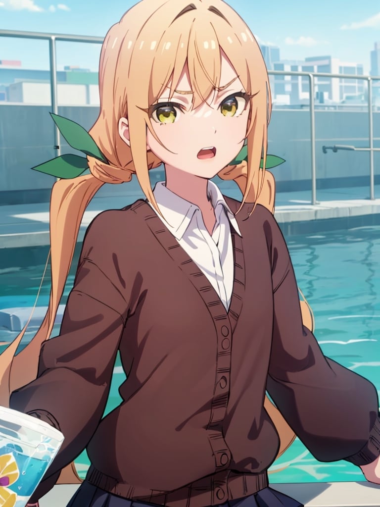 karaneinda, blonde hair, (yellow eyes:1.5), hair ribbon, twintails, low twintails, long hair, (green ribbon:1.2), open mouth, skirt, school uniform, white shirt, pleated skirt, collar, black skirt, brown cardigan, long sleeves, looking at viewer, (water eye:1.5), (determined face:1.2), (upper body:1.5), sky, outdoors, day, building, best quality, high resolution, unity 8k wallpaper, (beautiful detailed eyes:1.6), extremely detailed face, perfect lighting, extremely detailed CG, (perfect hands, perfect anatomy)