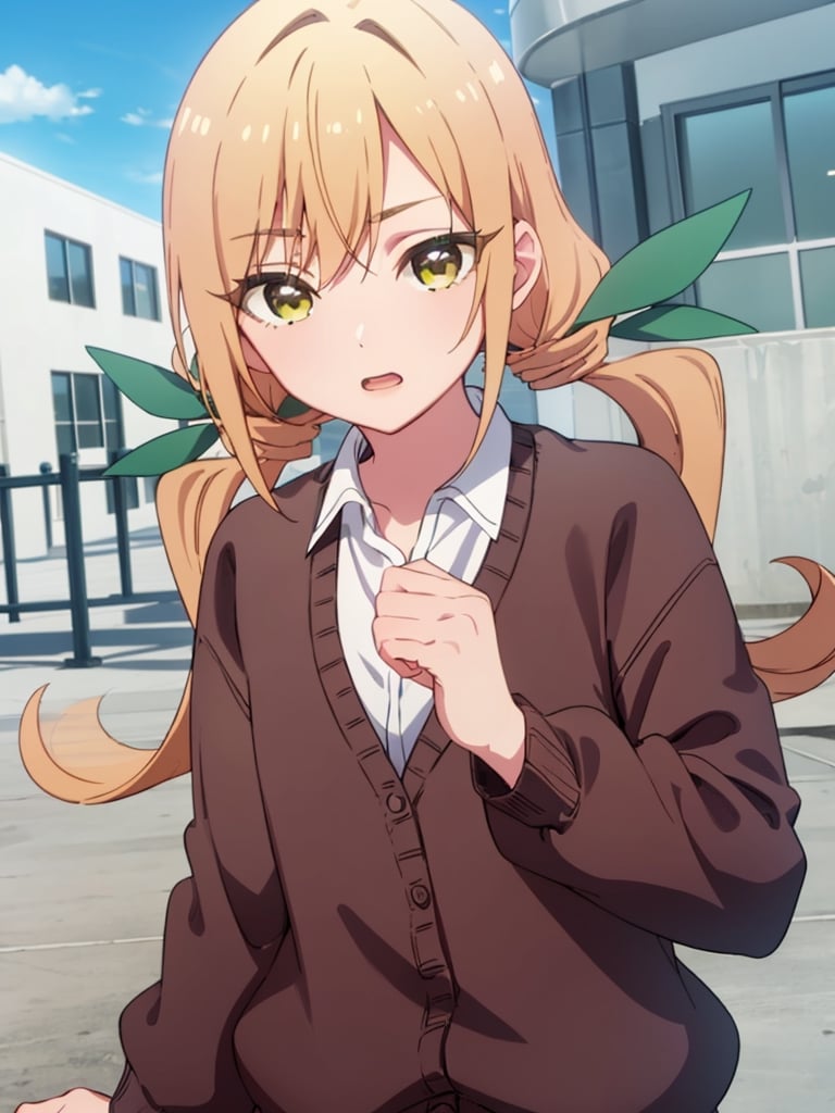 karaneinda, blonde hair, (yellow eyes:1.5), hair ribbon, twintails, low twintails, long hair, (green ribbon:1.2), open mouth, skirt, school uniform, white shirt, pleated skirt, collar, black skirt, brown cardigan, long sleeves, looking at viewer, (upper body:1.5), sky, outdoors, day, building, best quality, high resolution, unity 8k wallpaper, (beautiful detailed eyes:1.6), extremely detailed face, perfect lighting, extremely detailed CG, (perfect hands, perfect anatomy)