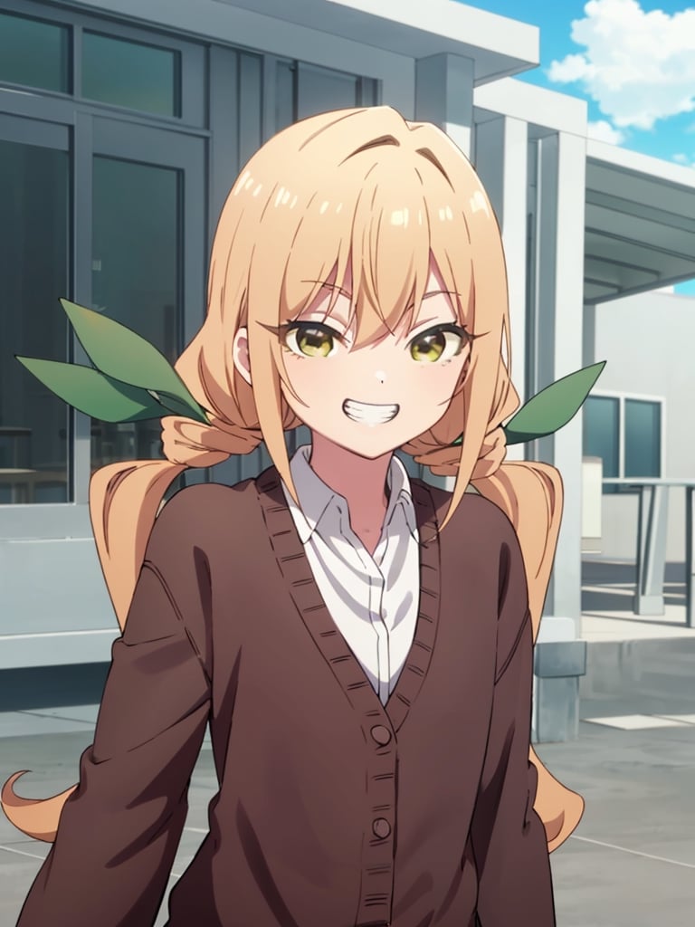 karaneinda, blonde hair, (yellow eyes:1.5), hair ribbon, twintails, low twintails, long hair, (green ribbon:1.2), open mouth, skirt, school uniform, white shirt, pleated skirt, collar, black skirt, brown cardigan, long sleeves, looking at viewer, (grin smile:1.5), (upper body:1.5), sky, outdoors, day, building, best quality, high resolution, unity 8k wallpaper, (beautiful detailed eyes:1.6), extremely detailed face, perfect lighting, extremely detailed CG, (perfect hands, perfect anatomy)