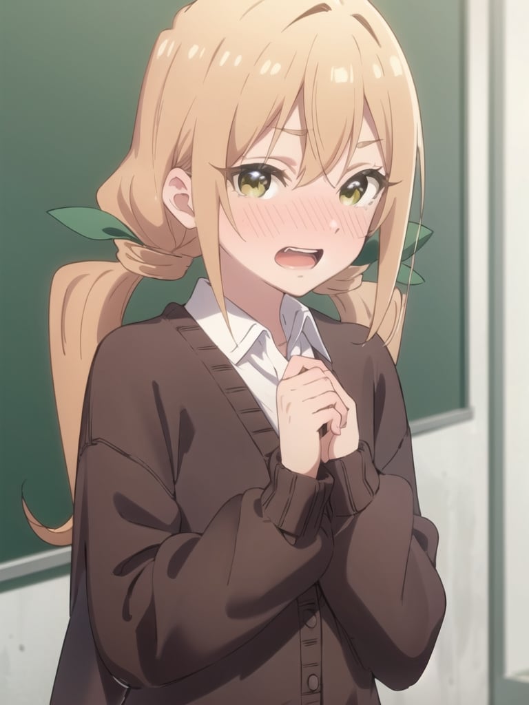 karaneinda, blonde hair, (yellow eyes:1.5), hair ribbon, twintails, low twintails, long hair, (green ribbon:1.2), open mouth, embarrassed, BREAK skirt, shirt, school uniform, white shirt, pleated skirt, cardigan, white shirt, collar, black skirt, brown cardigan, long sleeves, BREAK looking at viewer, BREAK indoors, classroom, (upper body:1.5), (masterpiece:1.2), best quality, high resolution, unity 8k wallpaper, (illustration:0.8), (beautiful detailed eyes:1.6), extremely detailed face, perfect lighting, extremely detailed CG, (perfect hands, perfect anatomy),pikkykarane