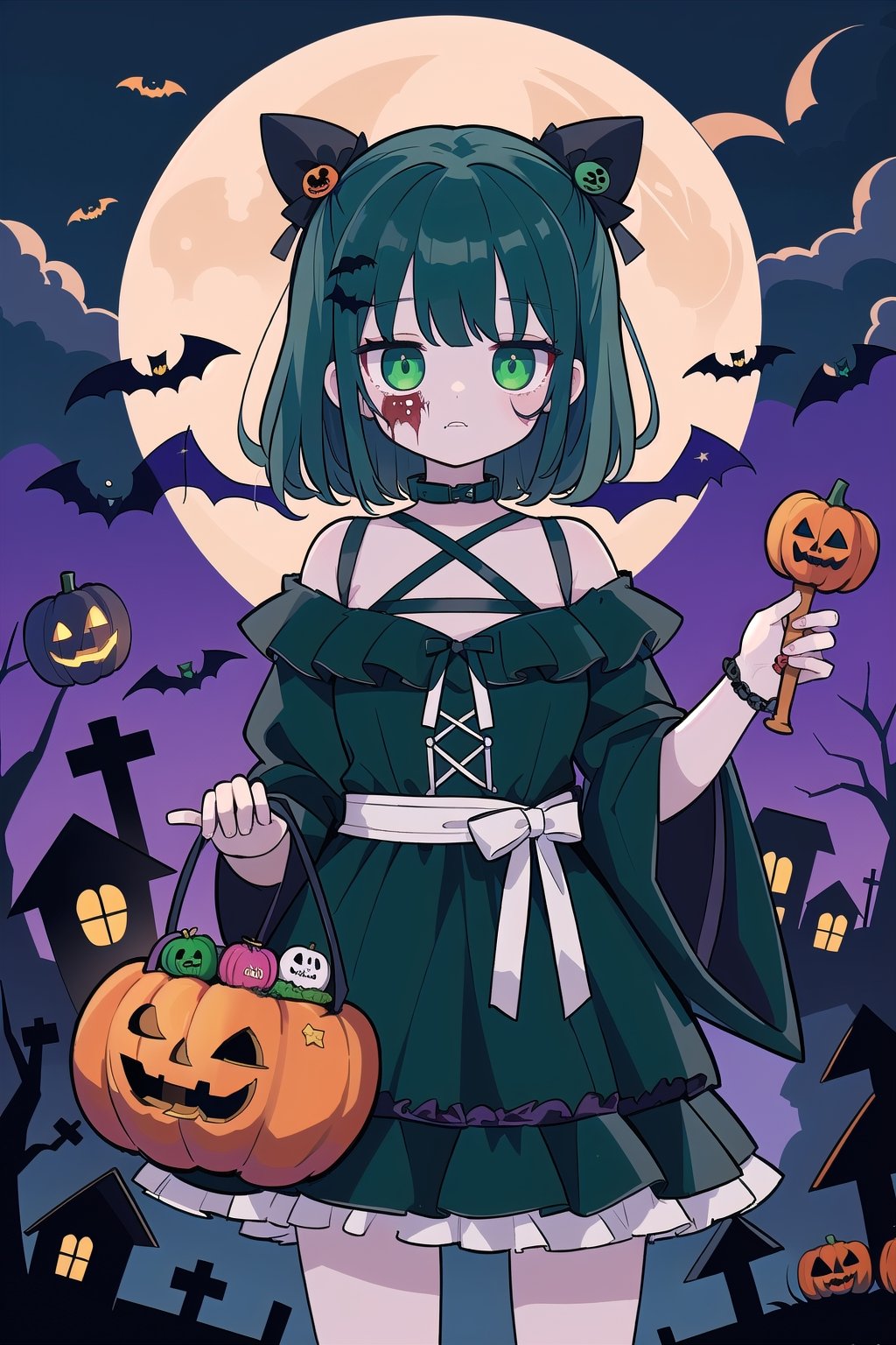(masterpiece, best quality, highres:1.1), ultra resolution image, (zombie_girl, rotten_green_skin):1.2, holding a basket full of sweets,  night, moon, jack-o-lantern, halloween parade scape