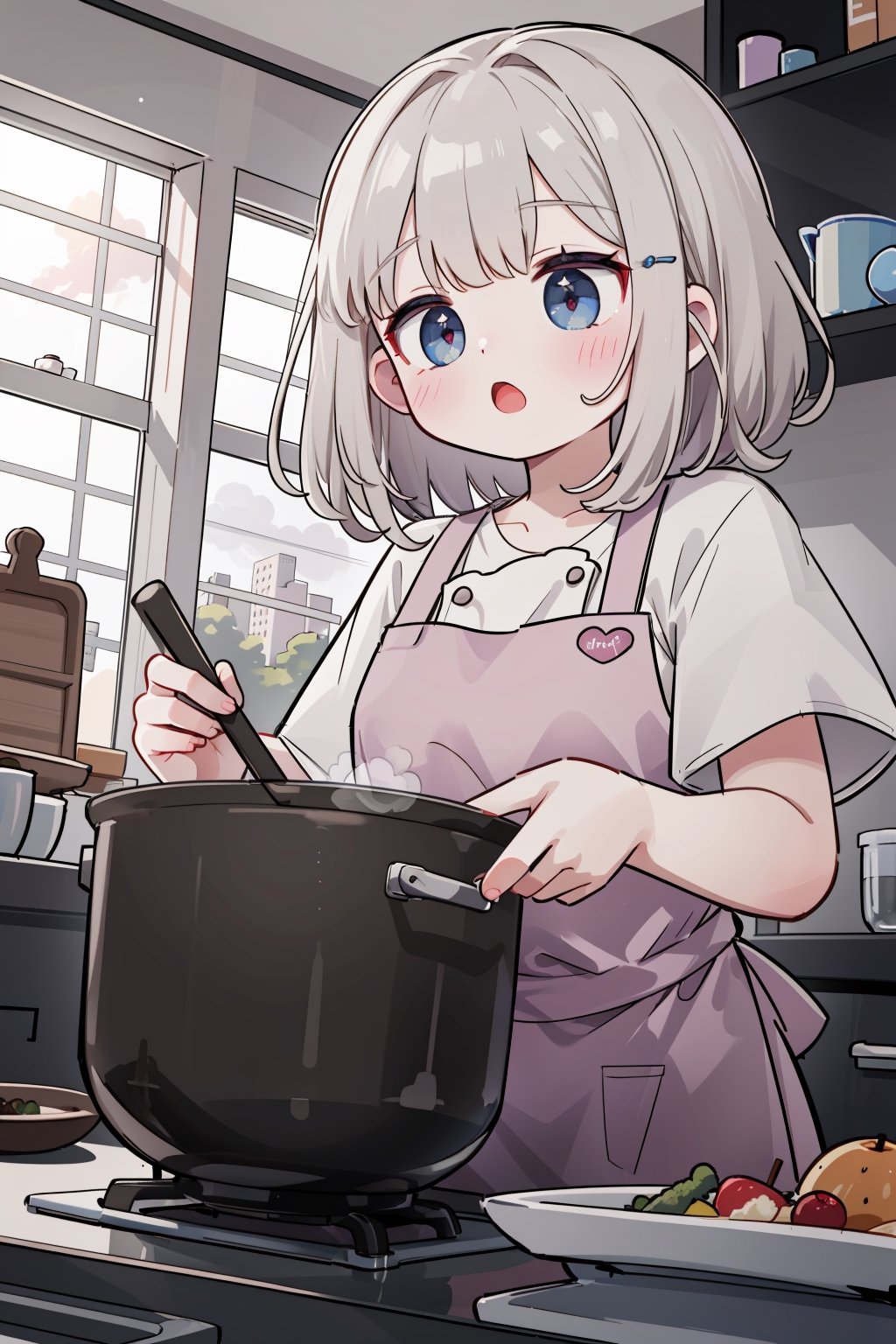 (masterpiece, best quality, highres:1.3), ultra resolution image,  official_art, absurdres, beautiful detailed, finely detailed, dramatic light, intricate details, BREAK, kitchen, food focus, cooking_pot, stir, thanksgiving, chef, BREAK, dynamic angle, sunset, loli, (>o<:1.4), from_below, shocked, blush, looking down,