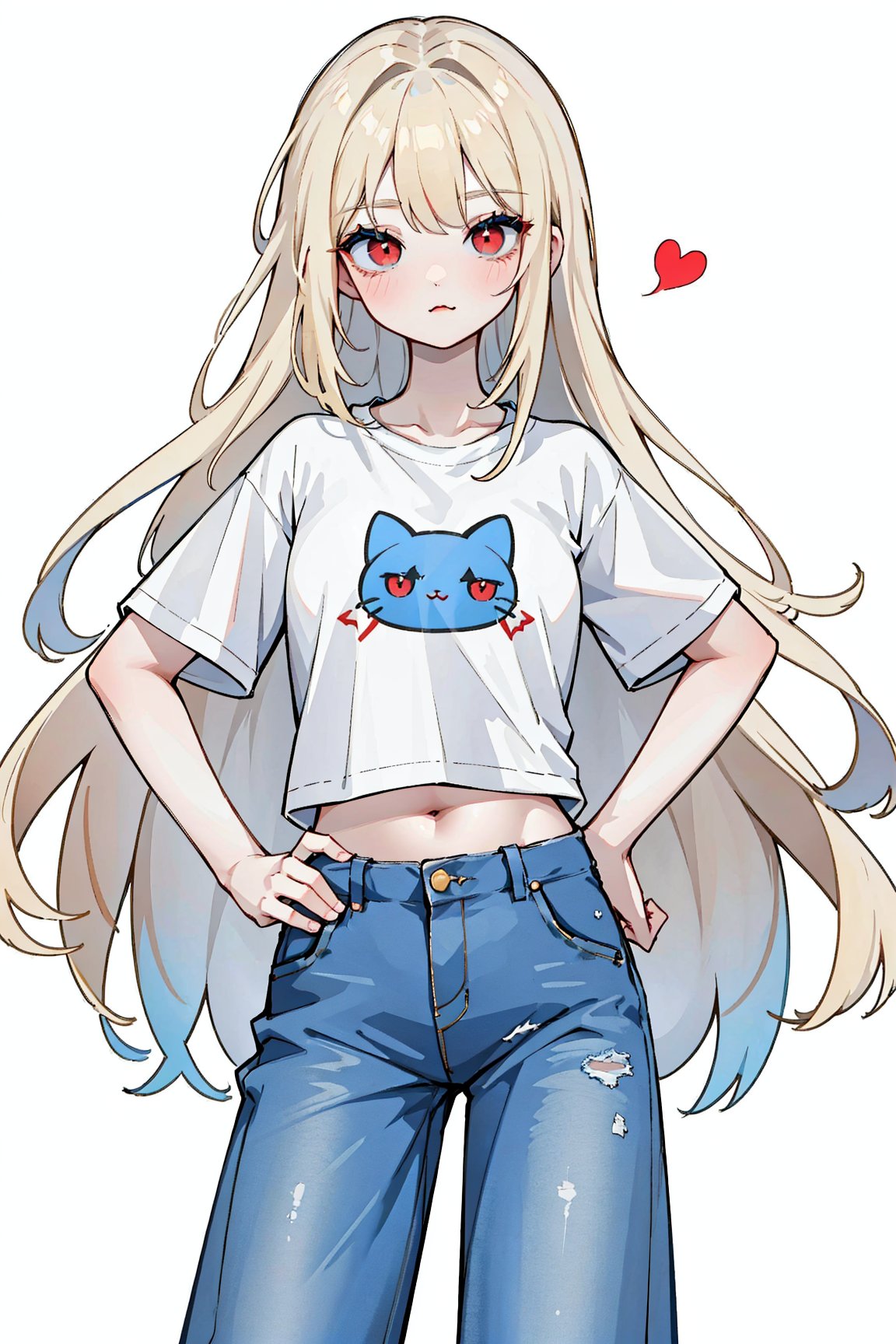 (masterpiece, best quality, highres:1.3), ultra resolution image, (solo), (1girl), formad hair:1.4, forehead, long hair syle, tomboy, blonde hair, red eye, simple --niji, kpop girl, :3:1.3, (simple white t shirts), (blue jeans), navel, large hips, mature girl, kawai pose, victory, :3:1.2, face close to viewer, fall in love to viewer, dynamic angle:1.4, pixel_art,