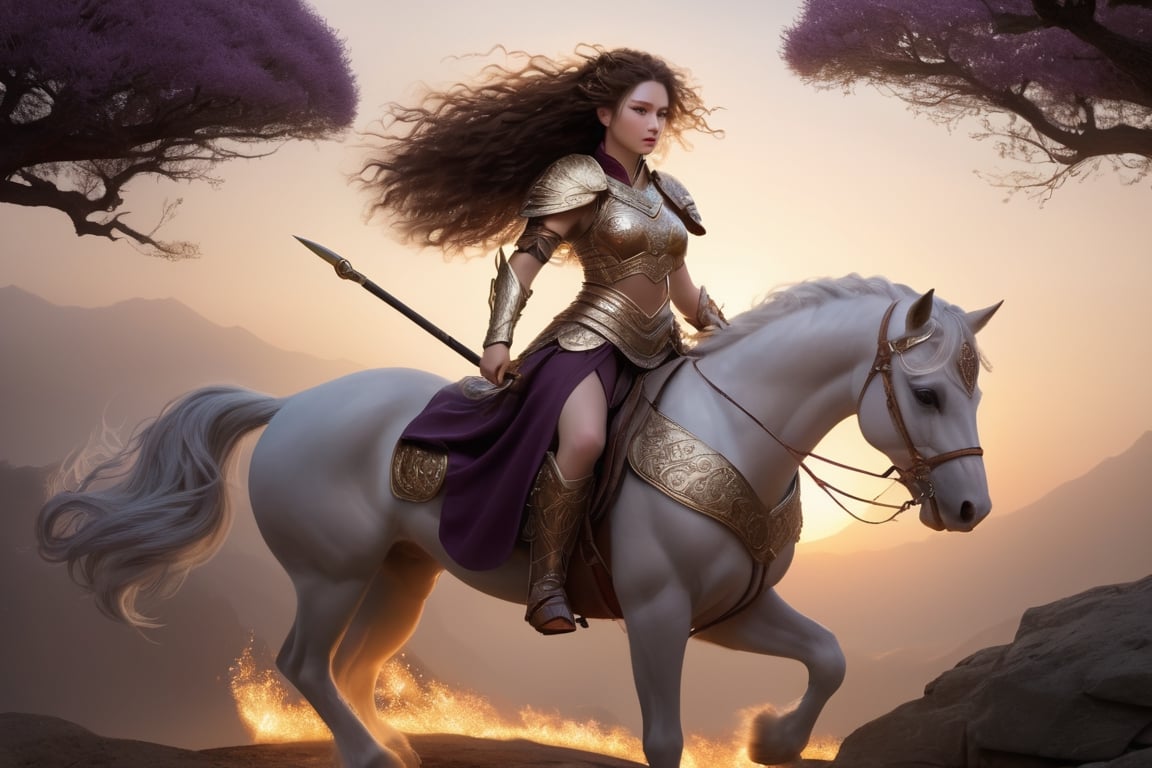 In the heart of a sprawling battlefield bathed in the golden hues of dusk, a majestic female warrior stands atop her mighty steed, both resonating undeniable strength and grace. Her captivating face is the embodiment of ethereal beauty juxtaposed with vivid contrasts. Deep, piercing purple eyes illuminate her visage, framed by long, curly lashes that cast whimsical shadows over her flawless porcelain skin. These very eyes are portals to tales of ancient realms and secrets of the past. Her hair, a vibrant shade of red, flows like burning embers caught in a gentle breeze, each strand meticulously detailed to showcase the fire's passionate dance and the serene glow of dying flames. The pristine texture of her skin, accentuated by a subtle rose blush on her pronounced cheekbones and muted rose lips, adds softness to her formidable presence.

She's adorned in a masterfully crafted skirt armor, where leather intertwines with gleaming metal, each segment etched with symbols of ancient valor. A flowing cape dances behind her, and her ornate braided hair stands as a testament to her high warrior rank. As she surveys the horizon, every feature of her face and attire is rendered with exceptional detail, creating a lifelike portrayal of a warrior at the peak of her prowess amidst the chaos of war