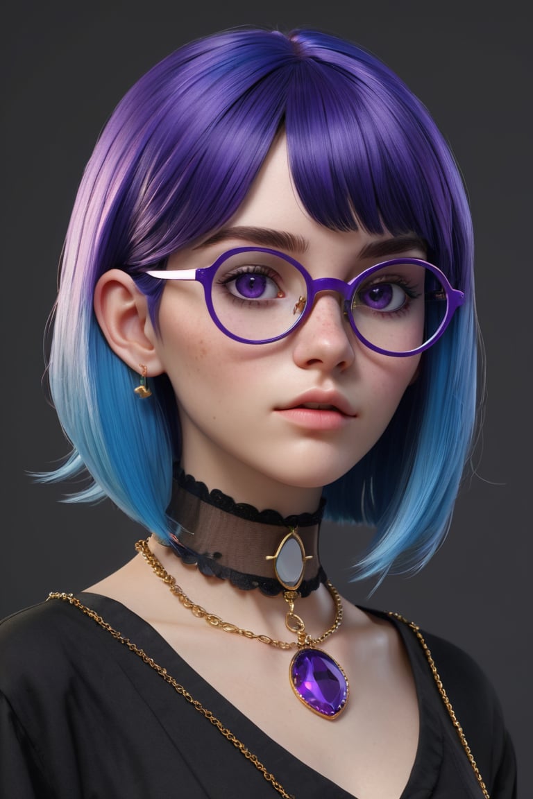 3D style,masterpiece, best quality,3d rending ,close-up,portrait, 3D,1girl, adult, solo, multicolored hair, blue hair, purple hair, glasses, necklace, freckles, jewelry, two-tone hair, looking to the side, realistic, upper body, simple background, bangs, looking away, short hair, parted lips, black eyes, lips, gothic, choker, makeup, mole, black shirt, shirt,  