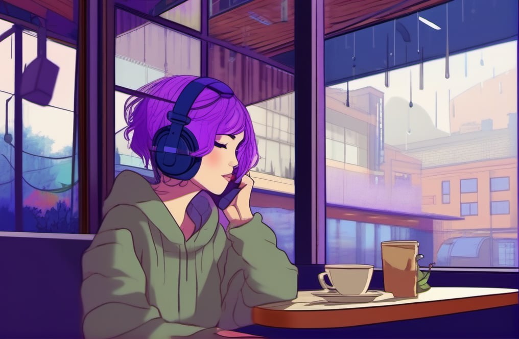 lofi, 1 girl, purple hair, short hair, headphones, sitting in coffee shop, rainy days, windows