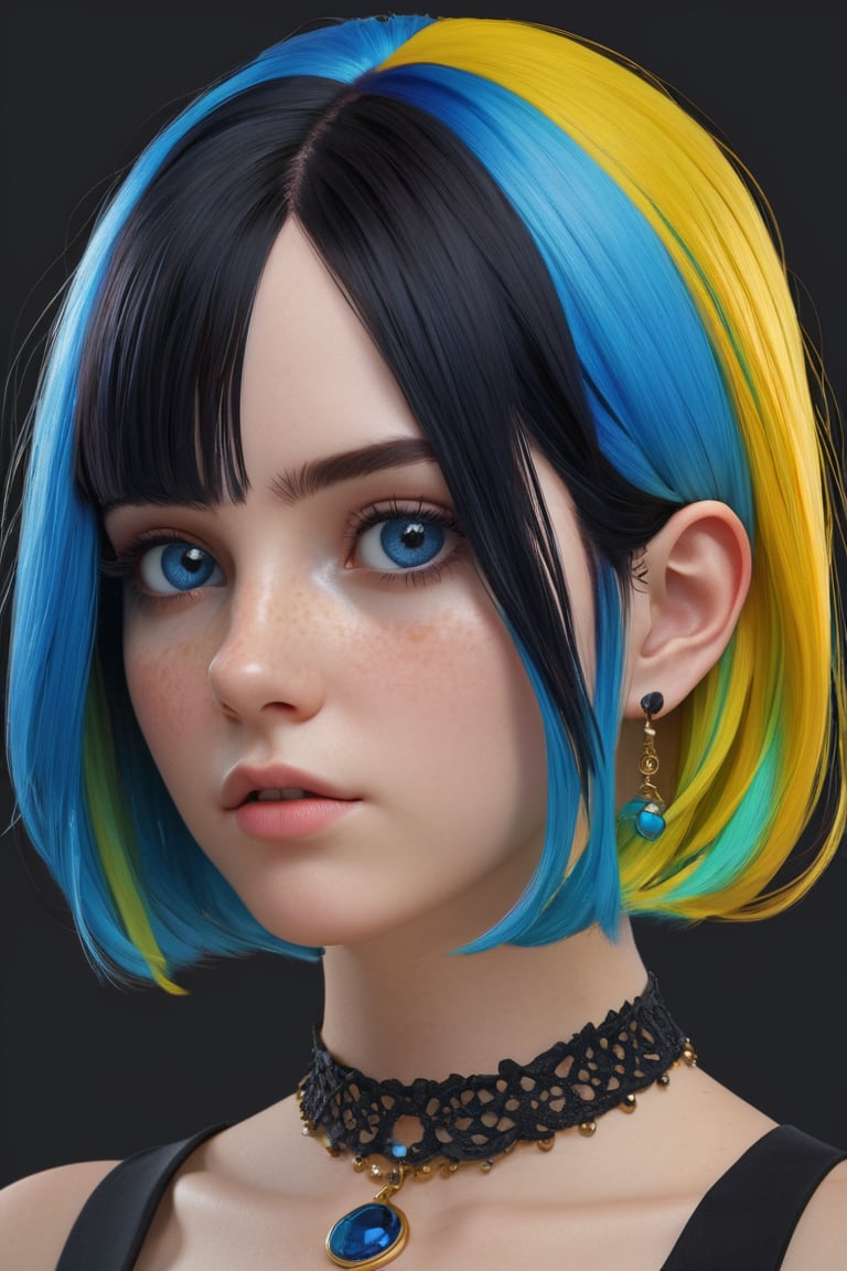 3D style,masterpiece, best quality,3d rending ,close-up,portrait, 3D,1girl, solo, multicolored hair, blue hair, black hair, necklace, freckles, jewelry, two-tone hair, looking to the side, realistic, upper body, simple background, bangs, looking away, short hair, parted lips, black eyes, lips, gothic, choker, makeup, mole, black shirt, shirt,  
