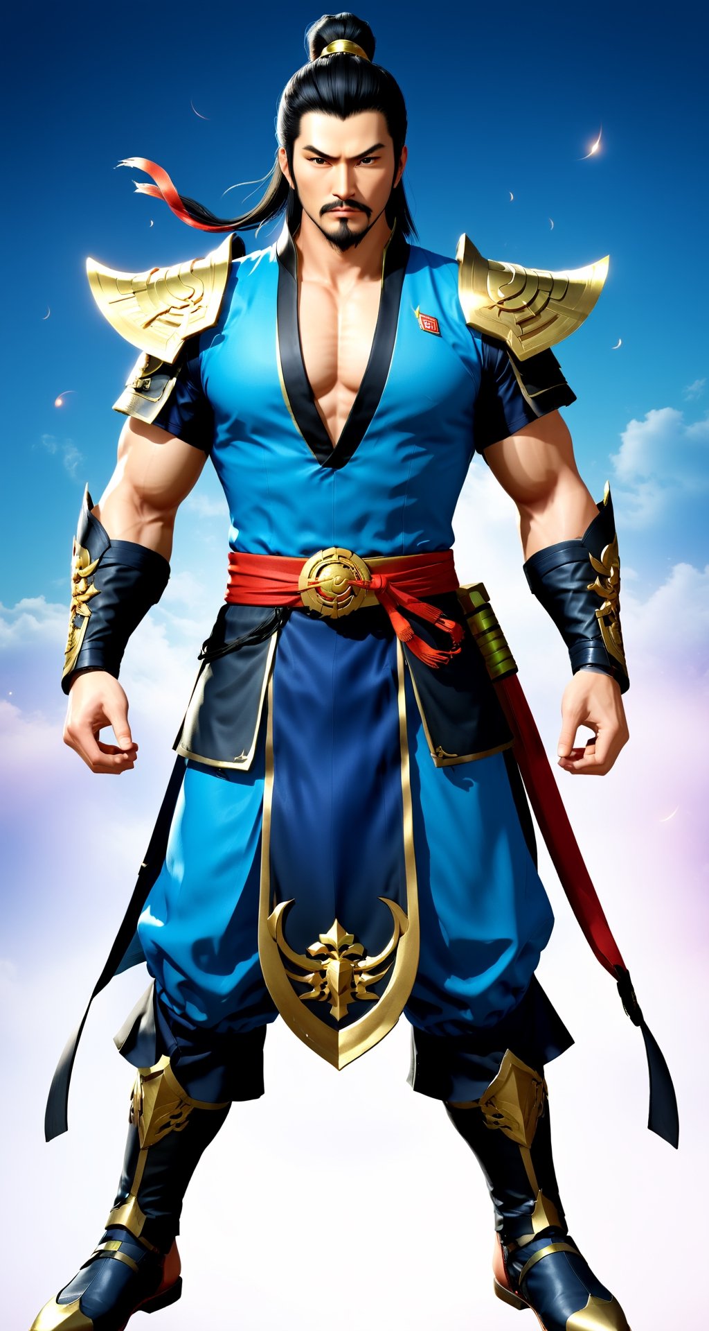 Create the character Yu Jin (Man) from the role-playing game Dynasty Warriors by the game company Koei Tecmo (full body)
BREAK
(long thin anchor beard), (thin mustache), (calm look:1.5), (black hair:1.5), (short hair:1.5),
(Blue Suit:1.5), 
BREAK
(Ancient china background: 1.5), (full_background) ,(cleavage large:1.5), (standing pose: 1.5), (dinamic pose:1.5), (night sky:1.5), 
BREAK
(beautiful_hands: 1.5), (beautiful_feets: 1.5), (pretty fingers:1.5)
BREAK
(Realistic, Photorealistic: 1.5), (Masterpiece, Best Quality: 1.4), (Ultra High Resolution: 1.5), (RAW Photo: 1.2), (Face Focus: 1.2), (Ultra Detailed CG Unified 8k Wallpaper: 1.5), (Hyper Sharp Focus: 1.5), (Ultra Sharp Focus: 1.5), (Beautiful pretty face: 1.5) (professional photo lighting:1.3), , (super detailed background, detail background: 1.5), (elegant:1.3), (kinematic:1.4),better_hands,Movie Still