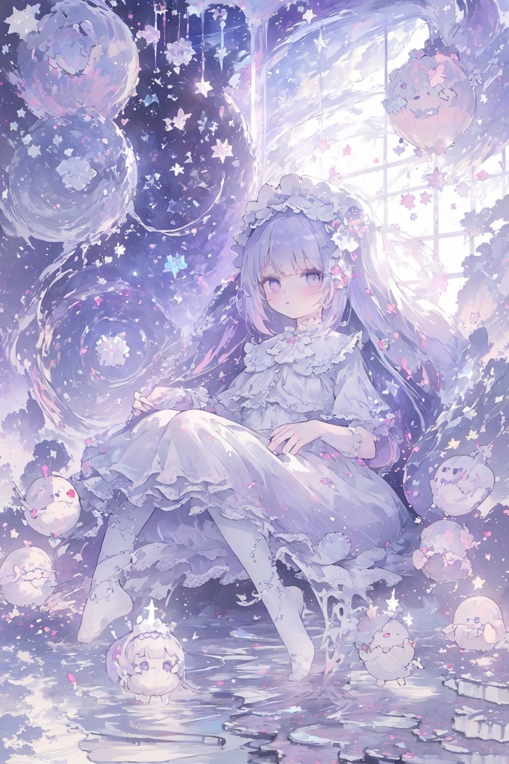 DArt,EpicSky,sky,cloud,1girl, bright white hair, long hair, purple eyes, pale skin, lolita dress, white dress, short dress, white thigh stockings, small breasts, pale skin, soft skin, rainbow, hearts, heart pillows, pastel, crystals, halo, colorful, pink, purple, blue, doll)), ((lots of dolls)) ((sunlight coming through window)) ((background, cute home)) ((light atmosphere)) ((dolls in home)) ((sitting up, fullbody)) (fluffy, soft, light, bright, sparkles, twinkle, cute, pink, purple, blue, clouds, pastel, light colors, glitter, happy, normal pupil) best quality, masterpiece, Detailedface, high_res 8K, candyland, full background, candy, sweets, lollipop, chocolate, ice cream, swirl lollipop, strawberry, ice cream, doughnut, cake, cupcake, balloon, chocolate bar, bubble, cream, whipped cream, dessert, pastry, candy wrapper, icing, teacup, confetti,1guy,best quality