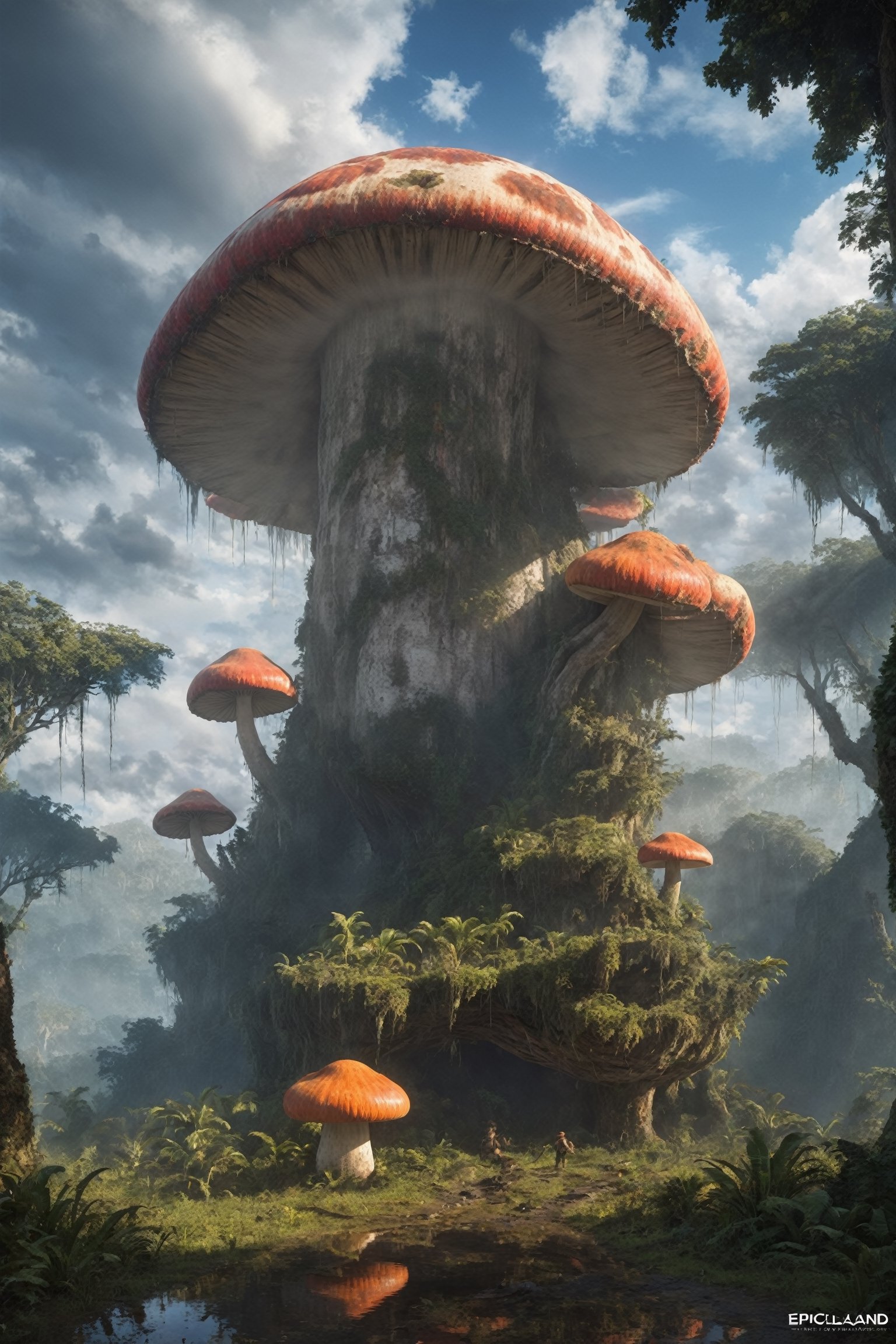 EpicLand,ruins,a giant mushroom, jungle, puddle, trees, animals, cloud sky, epic light
