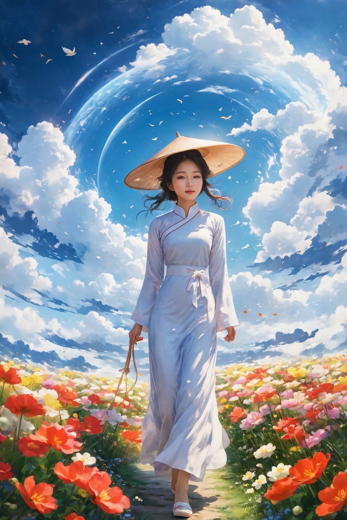 EpicSky, (realistic,best quality:1.2), a sky full of flowers,cloud, 1girl, wear ao dai, hat