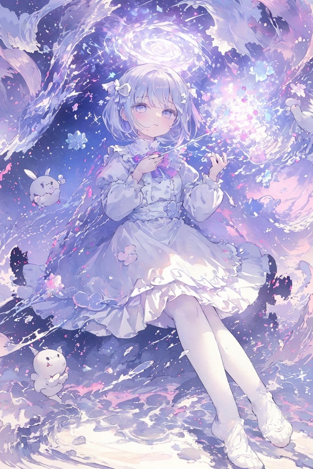 DArt,EpicSky,sky,cloud,1girl, bright white hair, long hair, purple eyes, pale skin, lolita dress, white dress, short dress, white thigh stockings, small breasts, pale skin, soft skin, rainbow, hearts, heart pillows, pastel, crystals, halo, colorful, pink, purple, blue, doll)), ((lots of dolls)) ((sunlight coming through window)) ((background, cute home)) ((light atmosphere)) ((dolls in home)) ((sitting up, fullbody)) (fluffy, soft, light, bright, sparkles, twinkle, cute, pink, purple, blue, clouds, pastel, light colors, glitter, happy, normal pupil) best quality, masterpiece, Detailedface, high_res 8K, candyland, full background, candy, sweets, lollipop, chocolate, ice cream, swirl lollipop, strawberry, ice cream, doughnut, cake, cupcake, balloon, chocolate bar, bubble, cream, whipped cream, dessert, pastry, candy wrapper, icing, teacup, confetti,1guy,best quality