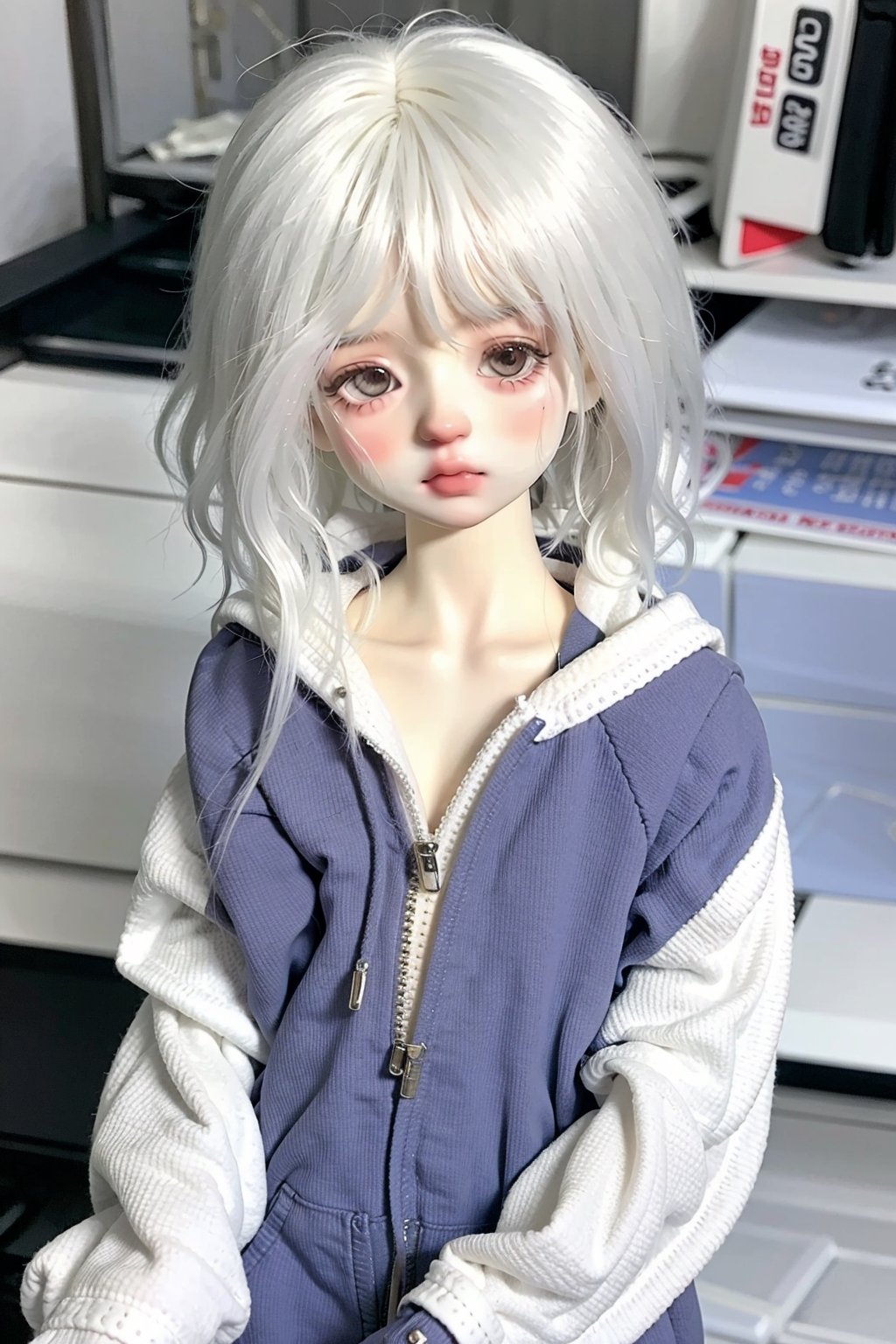 EpicDoll, 1girl, wavy short hair, looking_at_viewer, white hair, wear hoodie