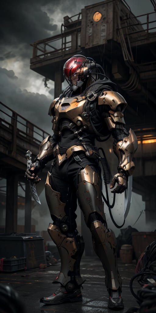 Imagine a mighty man wearing fullbody shining hitech armor. he used japan mech helmet, lion fang helmet and its eyes blaze with a furious red hue. The man hold a massive huge hitech sword in his hand, poised to face any danger. The sky behind him appears epic, filled with brooding clouds that create a dramatic atmosphere, high detail armored, black carbon colour, gold detail part, masterpiece, stunning and baddass, ultra HD, 4k, fog effect, cyberpunk, strom, detailed rain, super realistic, mech, shoot from mid range, stunning cinematic lighting, fit arms with finger ultra detail,