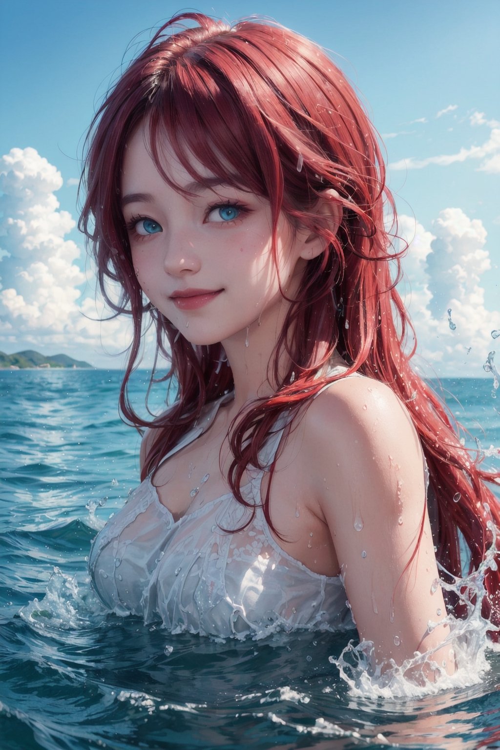 1girl,masterpiece, best quality, blue sky, looking at viewer,facing viewer,aqua eyes,red hair, smile, wet hair, wet, splashing water, long hair