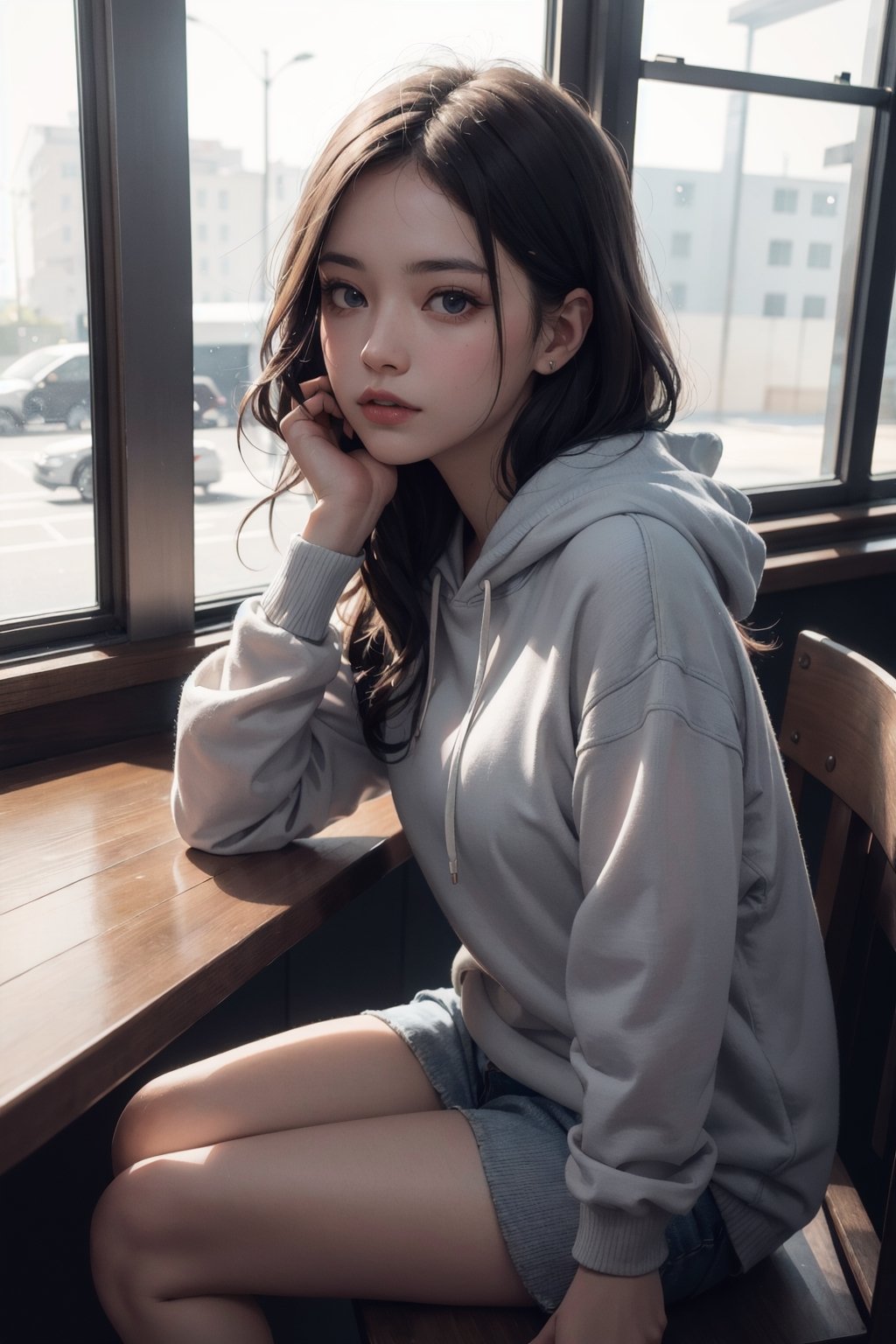 girl wearing hoodie, sitting inside cafe relaxing, soft smile on camera, closed mouth, long wavy hair, hair hanging to one side, masterpiece, best quality, incredibly absurdres, unity 8k wallpaper, ultra detailed, ultra quality, 8K UHD, highly detailed glossy eyes, photorealistic, ultra high res, 8K raw photo, rim lighting, studio lighting, sharp focus, crystal clear, high detailed skin