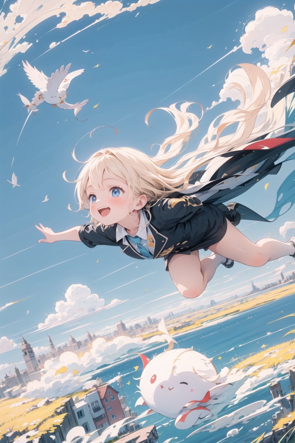 (masterpiece), 1girl, happy, cloudy sky, flying, blue sky, cloud trails, from above, dynamic angle