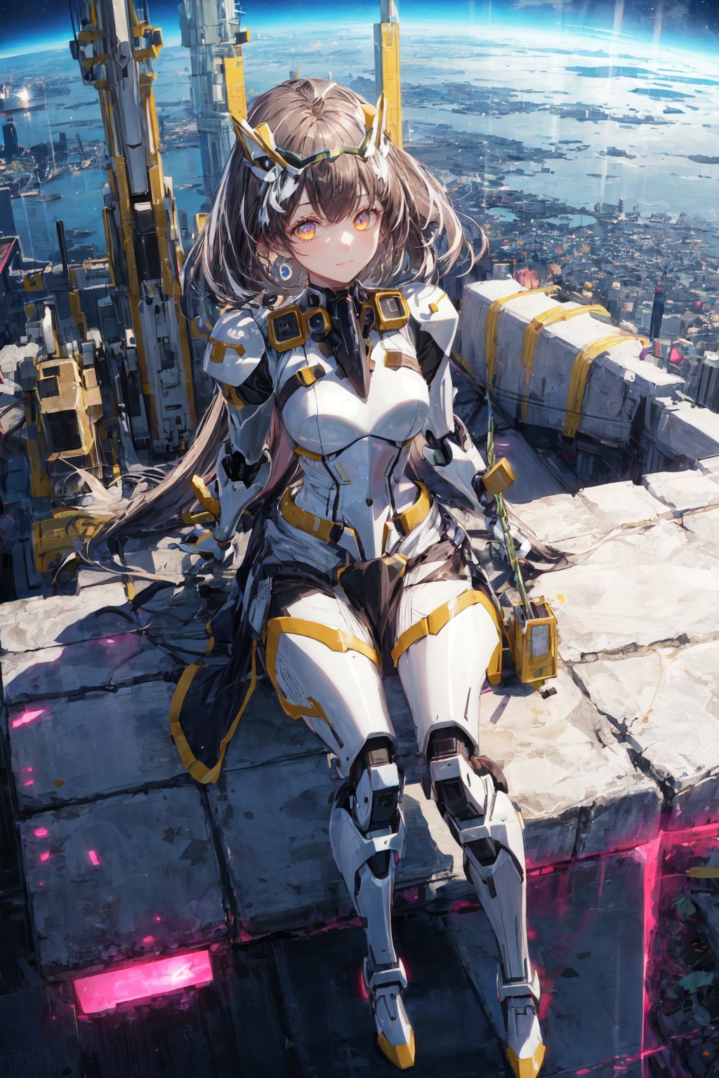 1girl,purple black mecha armor,glowing effect,mecha armor,night sky,looking at viewer,mecha headgear,glowing eyes,neon city,from above, soft smile,magallan,sitting