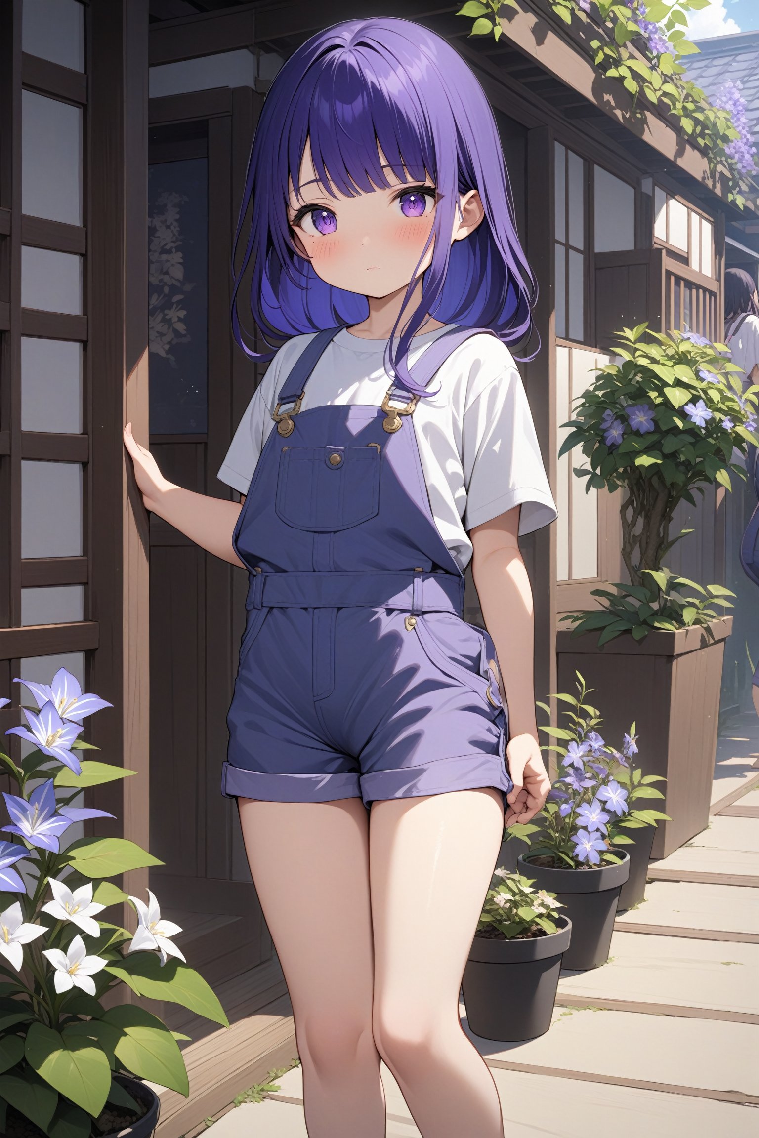 masterpiece, best quality, looking at viewer, blush, shirt, closed mouth, standing, white shirt, flower, short sleeves, outdoors, shorts, solo focus, day, suspenders, plant, purple shirt, potted plant, overalls, raiden shogun