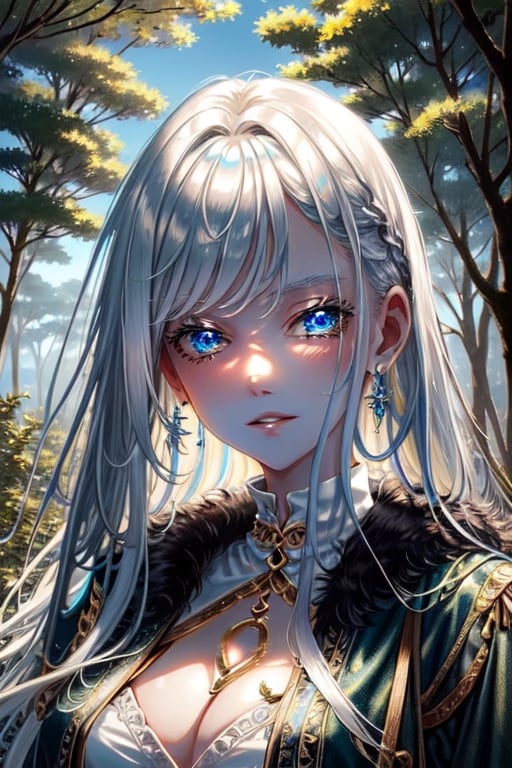 {1girl}, classic fantasy, magician, white skin, HDR,UHD,8K, best quality, {masterpiece}, Highly detailed, slender, {{smile}}, messy hair, {{long hair}}, {{silver hair}}, forest, {{{pelt and leather clothes}}}, {{{{really Poor clothes}}}}, fur coat, dirt on her face, dirt on her hair, dirt on her clothes, 16 years old,