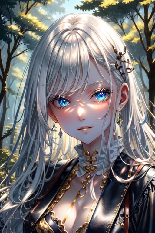 {1girl}, classic fantasy, magician, white skin, HDR,UHD,8K, best quality, {masterpiece}, Highly detailed, slender, {{smile}}, messy hair, {{long hair}}, {{silver hair}}, forest, {{{pelt and leather clothes}}}, {{{{really Poor clothes}}}}, fur coat, dirt on her face, dirt on her hair, dirt on her clothes, 16 years old, simple clothes,