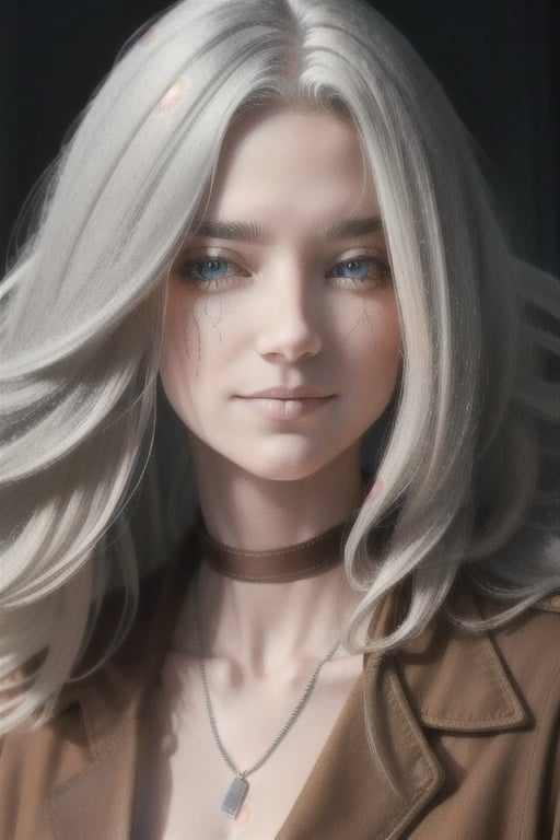 {1girl}, classic fantasy, magician, white skin, HDR,UHD,8K, best quality, {masterpiece}, Highly detailed, slender, {{smile}}, messy hair, {{long hair}}, {{silver hair}}, forest, {{{pelt and leather clothes}}}, {{{{really Poor clothes}}}}, fur coat, dirt on her face, dirt on her hair, dirt on her clothes, 16 years old,