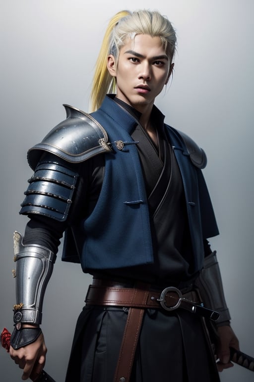 (masterpiece), best quality, expressive eyes, perfect face, centered, (platinum futuristic armor),  (dojo background), (male), (modern samurai), jinbaori, ((futuristic azure samurai leather long gillet)), (yellow highlights), blue, (white hair), (long ponytail), (futuristic katana at the belt), leather, jedi, young, blue, azure,