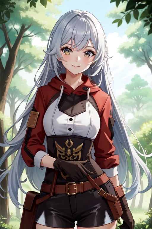 {1girl}, magician, white skin, HDR,UHD,8K, best quality, {masterpiece}, Highly detailed, slender, {{smile}}, messy hair, {{long hair}}, {{silver hair}}, forest, {{pelt and leather clothes}}, {{{{really Poor clothes}}}}