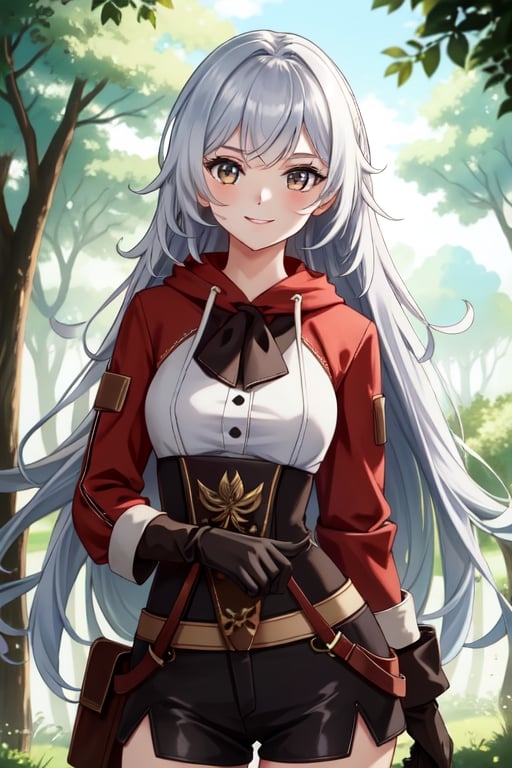 {1girl}, magician, white skin, HDR,UHD,8K, best quality, {masterpiece}, Highly detailed, slender, {{smile}}, messy hair, {{long hair}}, {{silver hair}}, forest, {{pelt and leather clothes}}, {{{{really Poor clothes}}}}