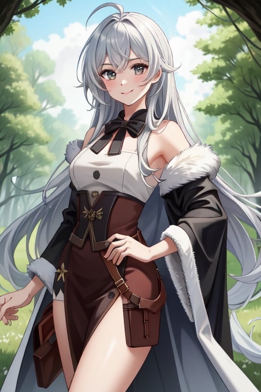 {1girl}, magician, white skin, HDR,UHD,8K, best quality, {masterpiece}, Highly detailed, slender, {{smile}}, messy hair, {{long hair}}, {{silver hair}}, forest, {{{pelt and leather clothes}}}, {{{{really Poor clothes}}}}, fur coat, dirt on her face, dirt on her hair, dirt on her clothes