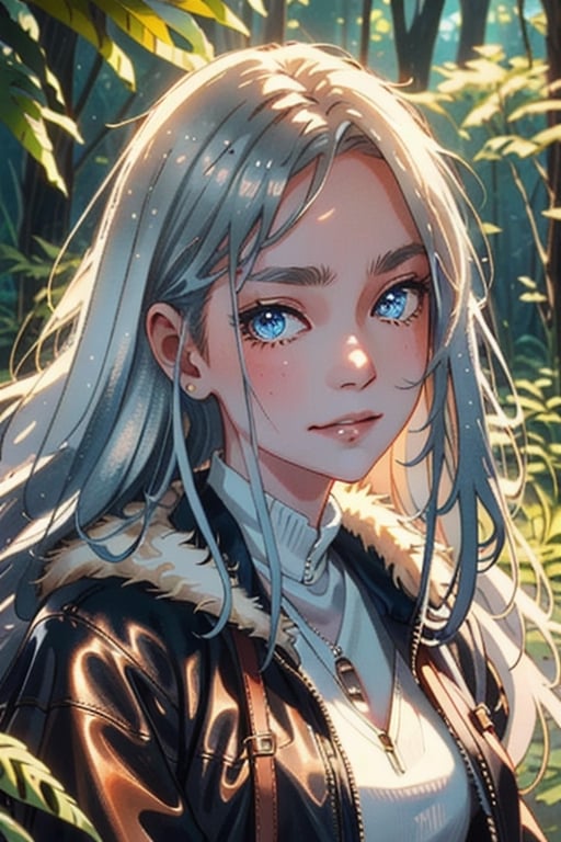 {1girl}, classic fantasy, magician, white skin, HDR,UHD,8K, best quality, {masterpiece}, Highly detailed, slender, {{smile}}, messy hair, {{long hair}}, {{silver hair}}, forest, {{{pelt and leather clothes}}}, {{{{really Poor clothes}}}}, fur coat, dirt on her face, dirt on her hair, dirt on her clothes, 16 years old, simple clothes, prehistoric clothes,