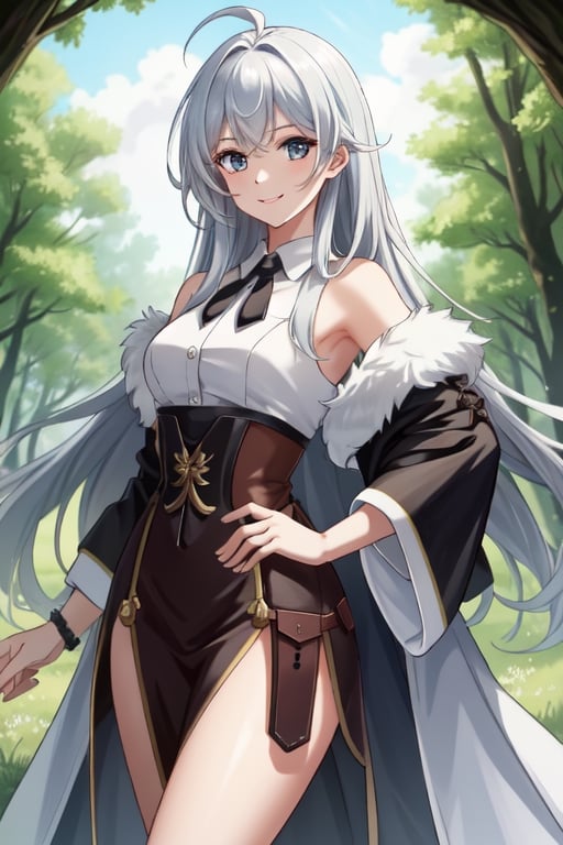 {1girl}, magician, white skin, HDR,UHD,8K, best quality, {masterpiece}, Highly detailed, slender, {{smile}}, messy hair, {{long hair}}, {{silver hair}}, forest, {{{pelt and leather clothes}}}, {{{{really Poor clothes}}}}, fur coat, dirt,