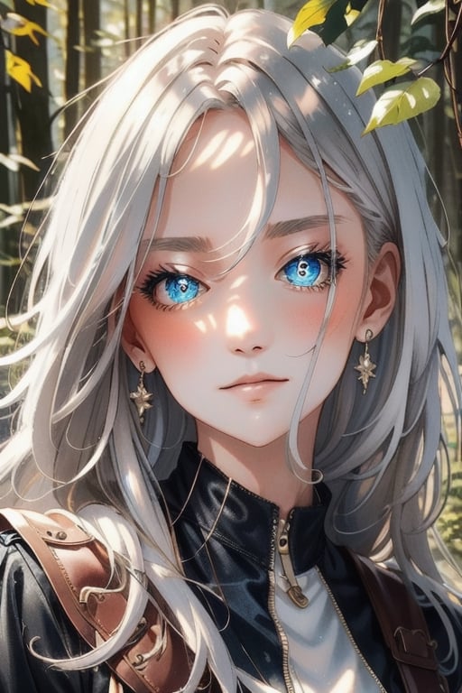 {1girl}, classic fantasy, magician, white skin, HDR,UHD,8K, best quality, {masterpiece}, Highly detailed, slender, {{smile}}, messy hair, {{long hair}}, {{silver hair}}, forest, {{{pelt and leather clothes}}}, {{{{really Poor clothes}}}}, fur coat, dirt on her face, dirt on her hair, dirt on her clothes, 16 years old,