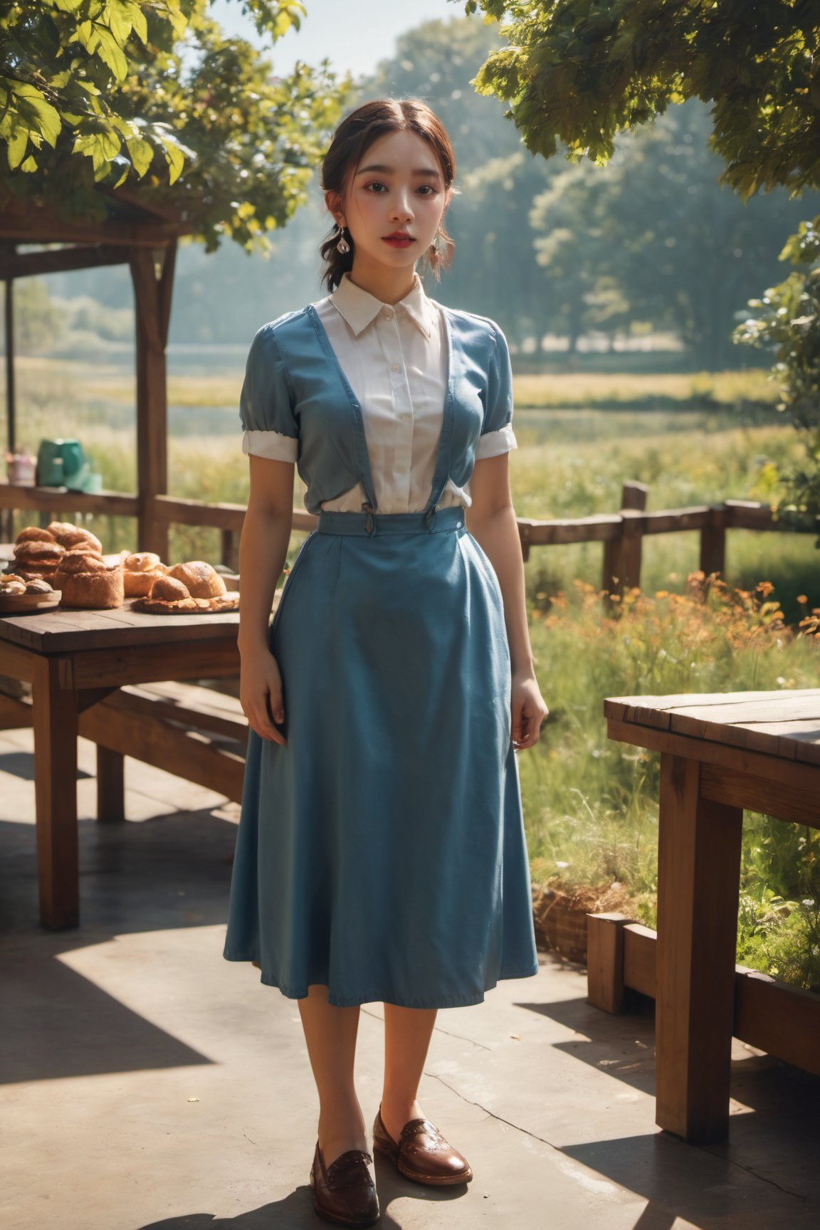 masterpiece, best quality, realistic, 8k, official art, cinematic light, ultra high res, 1girl,  huge breadtd, standing, day, sunlight, light on face, earrings , jewelry , necklace , waitress, Nature reserve, hair light