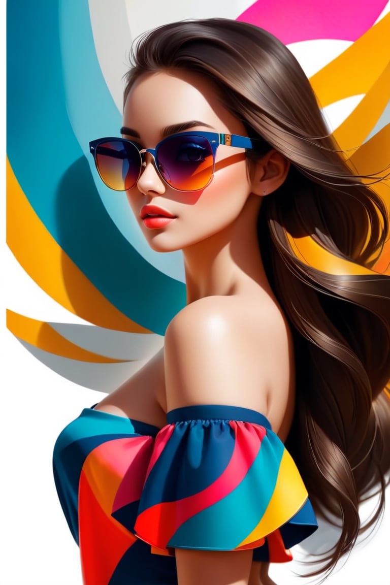 back photo with abstract illustrations for portfolio, front a beautiful girl with sunglasses 