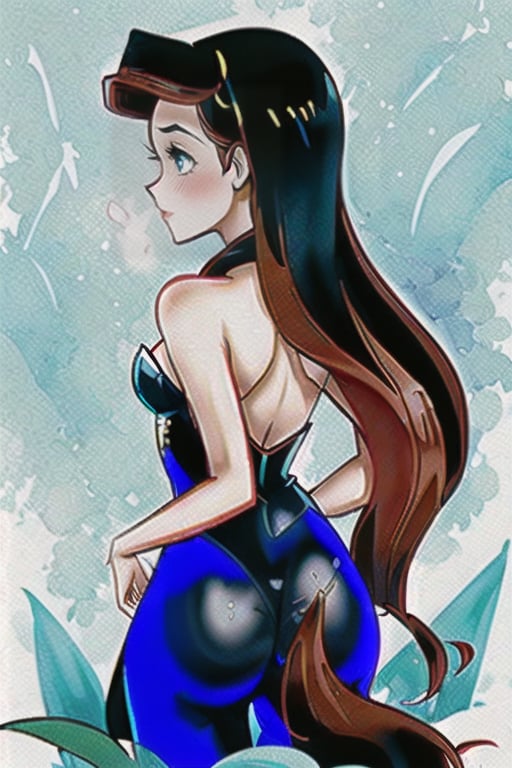 Graceful anime silhouette of a slender Disney Ariel's  body shape, she's wearing a black costume playboy bunny, showing your back, infused with stands amidst red blue and yellow ink splashes, digital painting.,Lunaris,grabbing-own